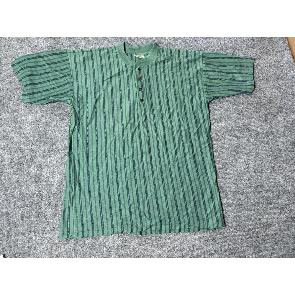 Vintage L.L. Bean Shirt Mens L Green Stripe Short Sleeve Henley Jersey Casual